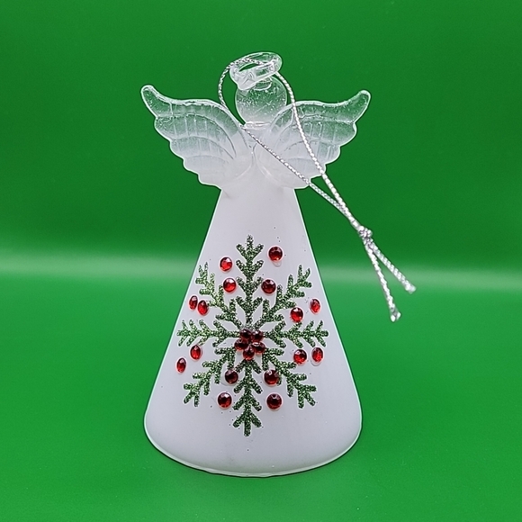 Glass Snowflake Angel Ornament Accented Frosted Glass Green Glitter Red Gems - Picture 2 of 7